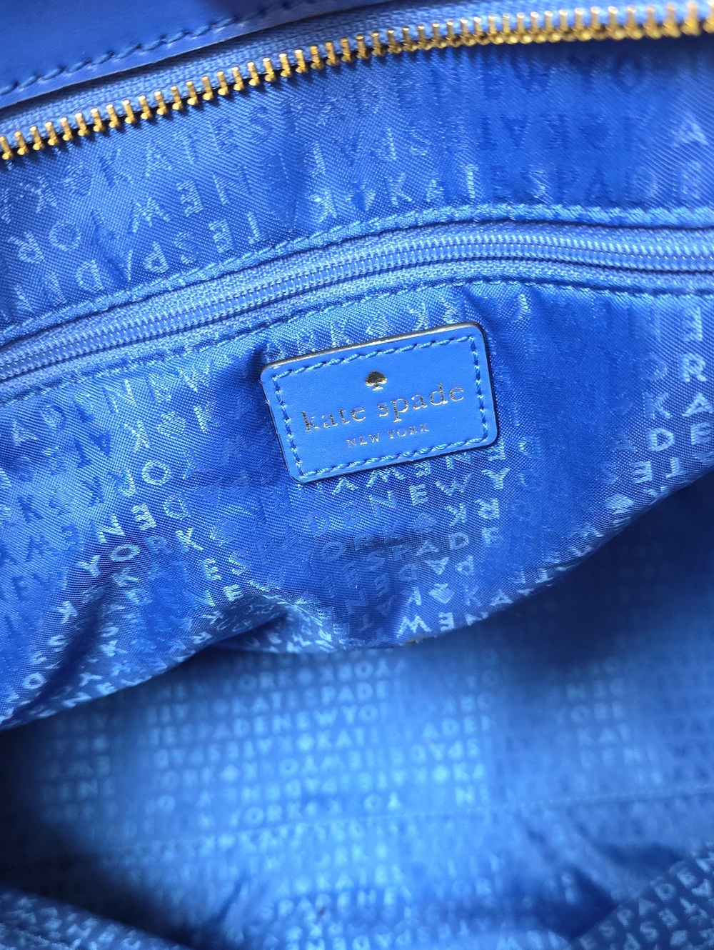 kate spade bright blue tote with gold-tone zipper detail